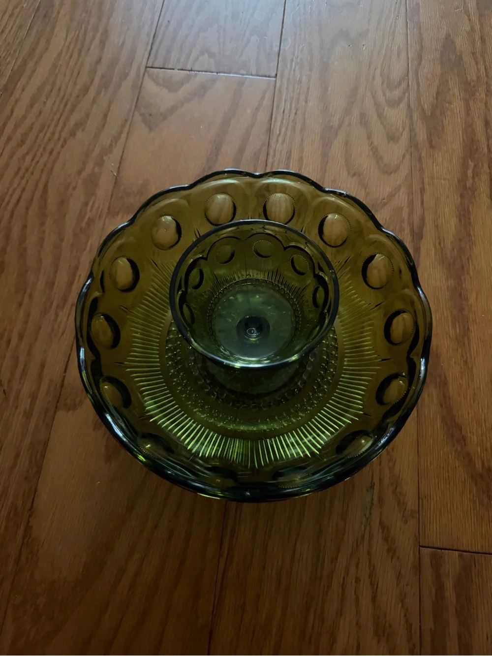 Vintage Olive Green Glass Chip & Dip Bowl Set Scallop Dotted Kitchen Home Decor